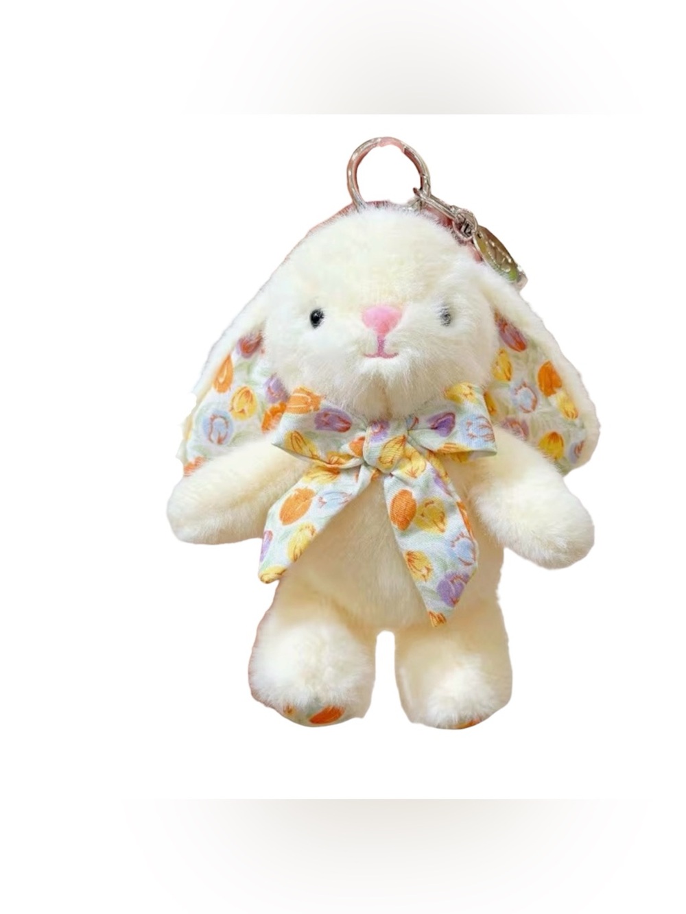 Plush Bunny Keychain with Pastel Floral Bow - Cream